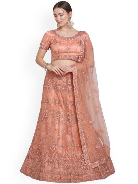 VRSALES Peach-Coloured Semi-Stitched Lehenga & Blouse with Dupatta