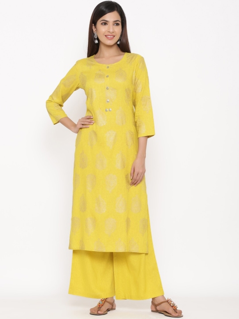 kipek Women Yellow Printed Kurta with Palazzos