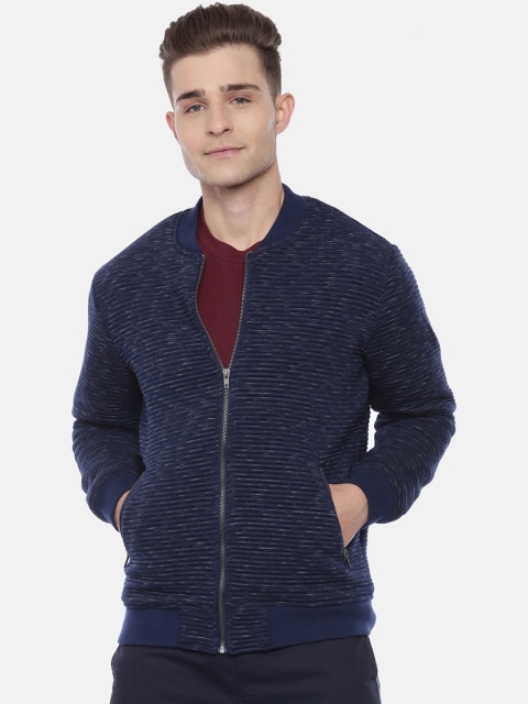 Breakbounce Men Navy Blue Solid Windcheater Bomber Jacket