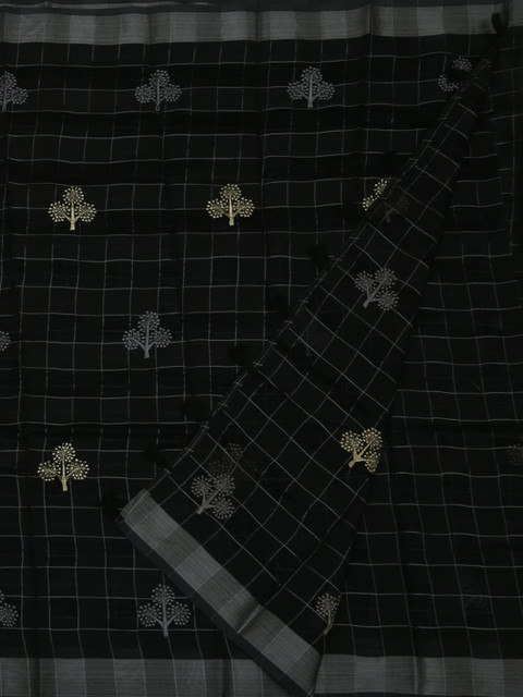 Pothys Black & Silver-Toned Linen Blend Checked Saree 
Pothys Black & Silver-Toned Linen Blend Checked Saree