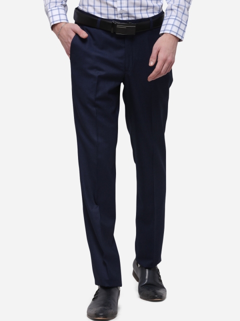 METAL Men Navy Blue Slim Fit Self-Design Formal Trousers