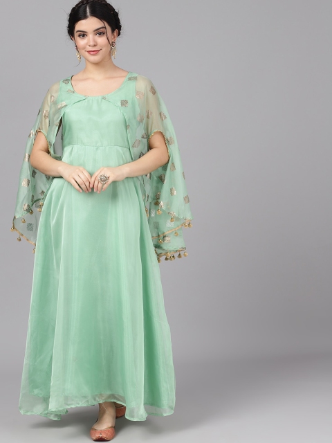 AKS Couture Women Green Foil Print Maxi Dress