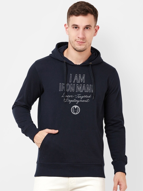 Free Authority Men Navy Blue Iron Man Printed Hooded Sweatshirt