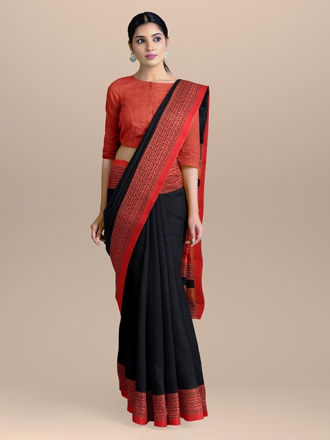 BharatSthali Black & Red Pure Cotton Handloom Solid Saree
