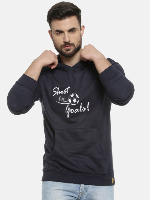 Campus Sutra Men Navy Blue & White Printed Hooded Pullover Sweatshirt
