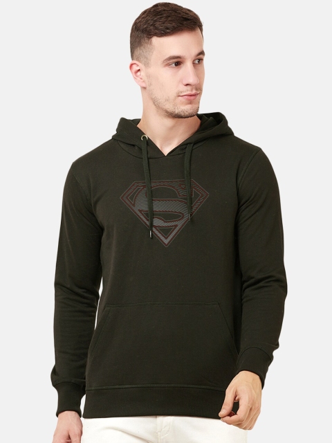 Free Authority Men Olive Green Superman Printed Hooded Sweatshirt