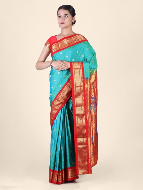 Hastakala Sea Green & Orange Pure Silk Woven Design Paithani Saree