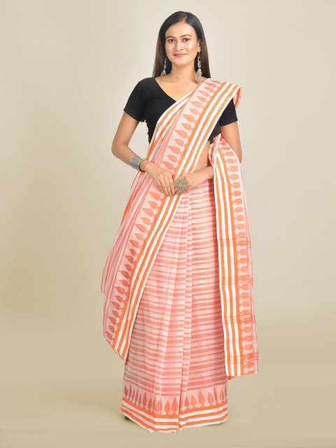 Mitera Peach-Coloured & White Pure Cotton Striped Taant Saree 
Mitera Peach-Coloured & White Pure Cotton Striped Taant Saree