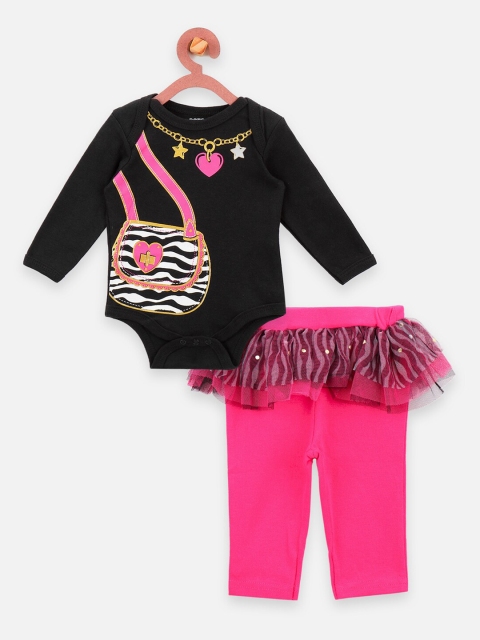 LilPicks Girls Black & Pink Printed Romper with Tutu Leggings