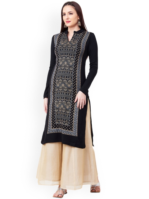 IMARA Women Black Woven Design Straight Kurta