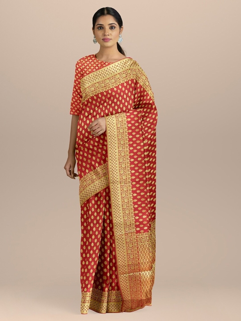 BharatSthali Red & Gold-Coloured Silk Cotton Woven Design Banarasi Handloom Saree