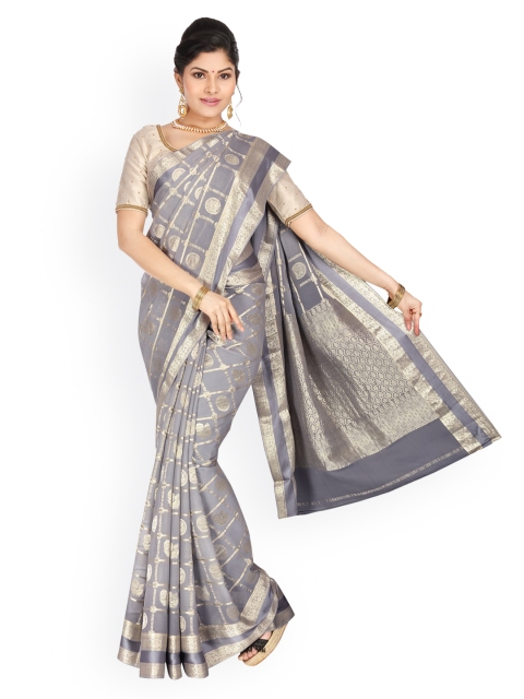 Vijayalakshmi Silks Grey & Silver-Toned Pure Silk Checked Saree