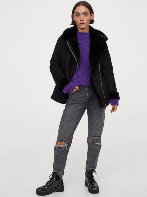 H&M Women Black Solid Faux Fur Collar Jacket