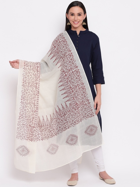 Shakumbhari White & Maroon Printed Cotton Dupatta