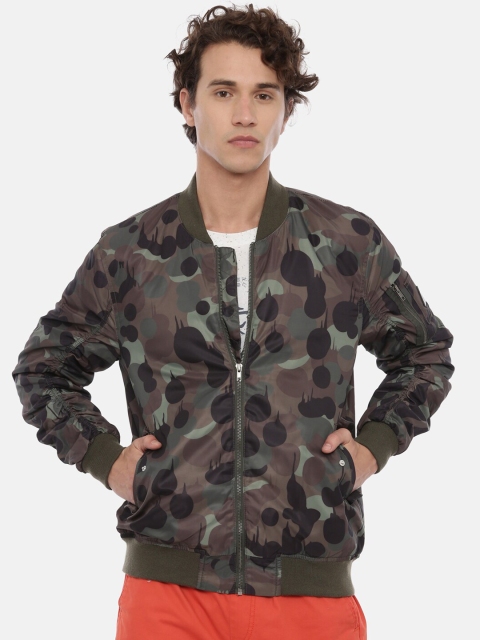 Breakbounce Men Olive Green Printed Windcheater Bomber
