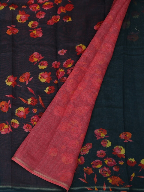 Pothys Green & Orange Linen Blend Printed Saree