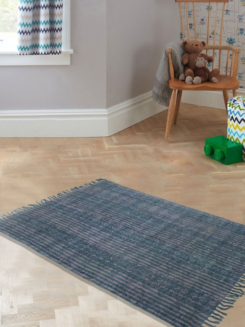 Tistabene Teal Blue & Grey Dabu Print Kilim Fringed Dhurrie