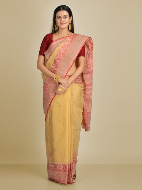 Mitera Beige & Red Pure Cotton Woven Design Taant Saree