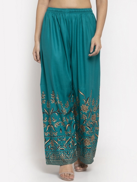 Clora Creation Women Turquoise Blue Floral Printed Straight Palazzos
