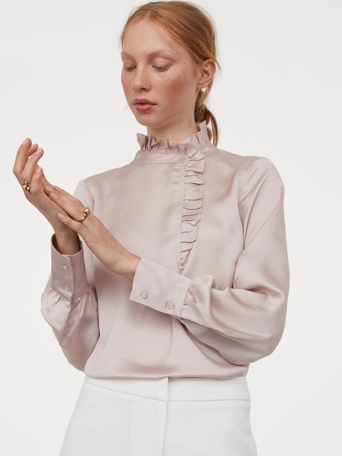 H&M Women Pink Solid Frill-Trimmed Blouse