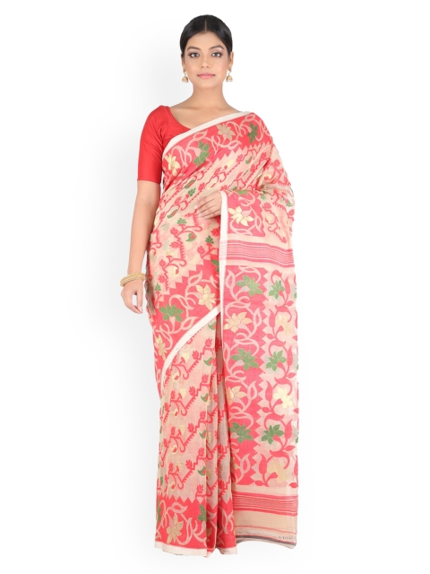 PinkLoom Beige & Pink Pure Cotton Woven Design Handloom Jamdani Saree