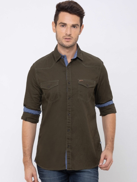 Globus Men Olive Green Regular Fit Solid Casual Shirt