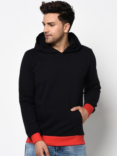 ELEGANCE Men Black & Orange Solid Hooded Sweatshirt