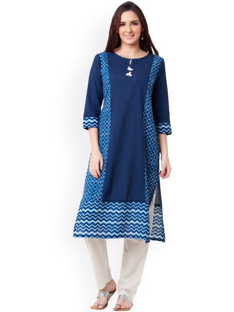 IMARA Women Navy Blue Printed A-Line Kurta
