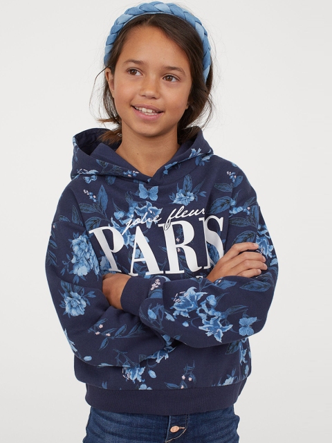 H&M Girls Blue Printed Hoodie