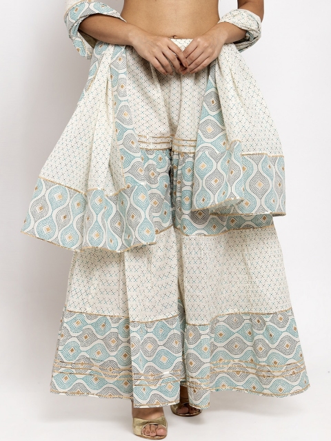 Clora Creation Women Cream-Coloured & Turquoise Blue Printed Flared Palazzos