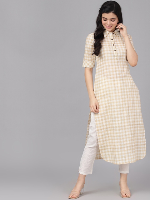 AKS Women Cream-Coloured & White Checked Yarn Dyed Pathani Kurta