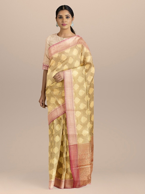 BharatSthali Beige & Red Silk Cotton Woven Design Banarasi Handloom Sustainable Saree