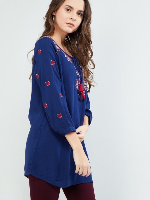 max Women Navy Blue & Red Embroidered Tunic
