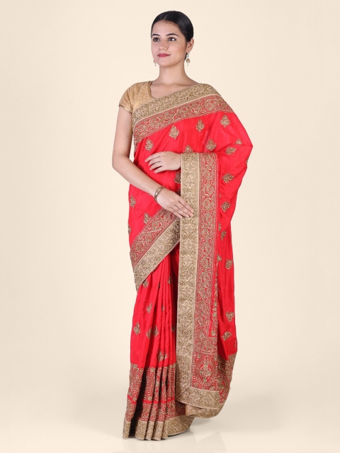 Hastakala Red & Gold-Toned Pure Crepe Embroidered Saree