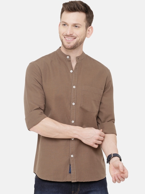 CAVALLO by Linen Club Men Cotton Linen Brown Regular Fit Solid Casual Shirt