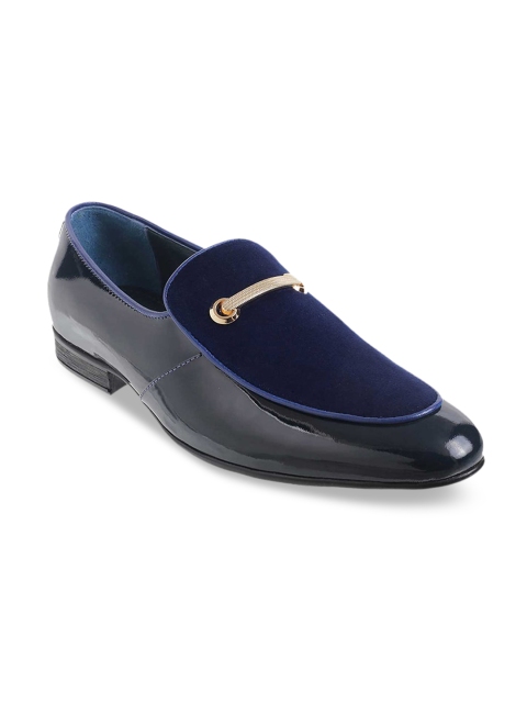 Mochi Men Blue Solid Leather Formal Slip-Ons