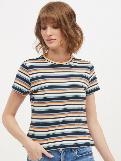 Harpa Women Navy Blue & Orange Striped Round Neck T-shirt