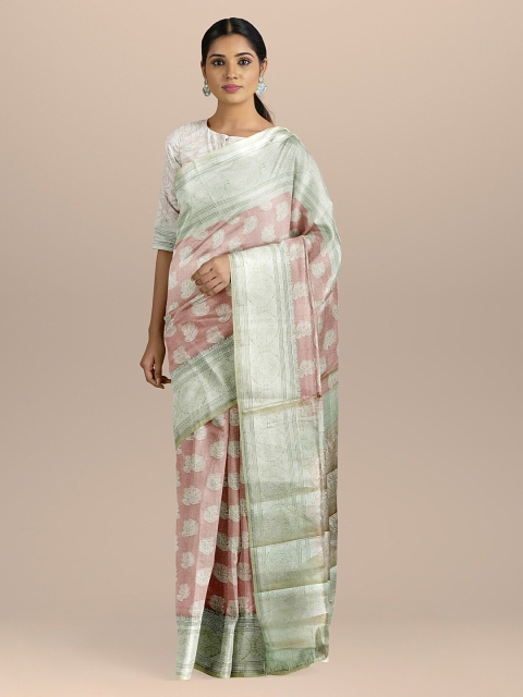 BharatSthali Peach-Coloured Woven Design Silk Cotton Banarasi Saree