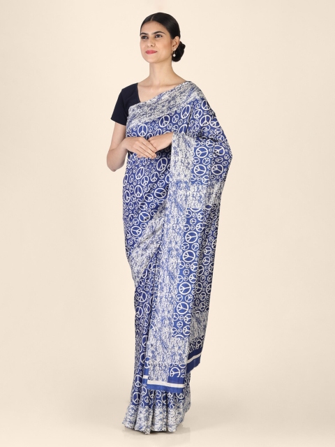 Hastakala Navy Blue & White Poly Crepe Printed Saree