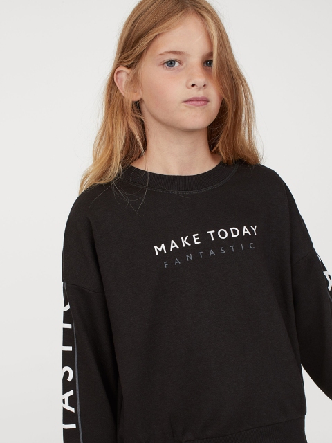 H&M Girls Black Printed Boxy Sweatshirt