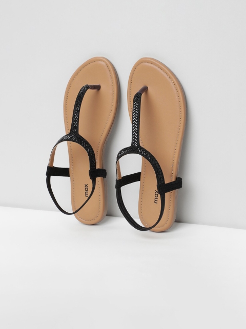 max Women Black Solid T-Strap Flats