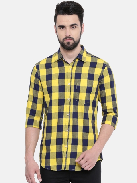IMYOUNG Men Yellow & Navy Blue Slim Fit Checked Casual Shirt