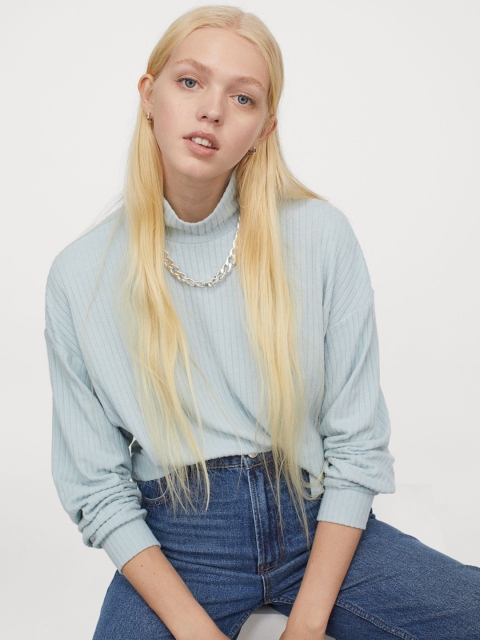 H&M Women Blue Ribbed Turtleneck Jumper