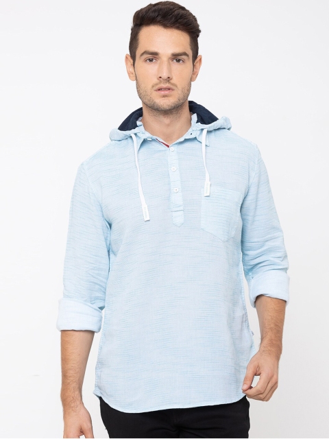Globus Men Blue Printed Casual Hooded Shirt