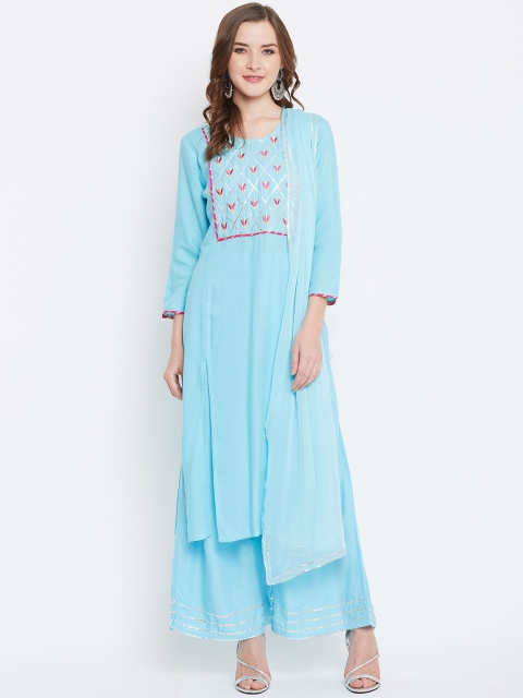 Prakhya Women Blue Embroidered Kurta with Palazzos & Dupatta