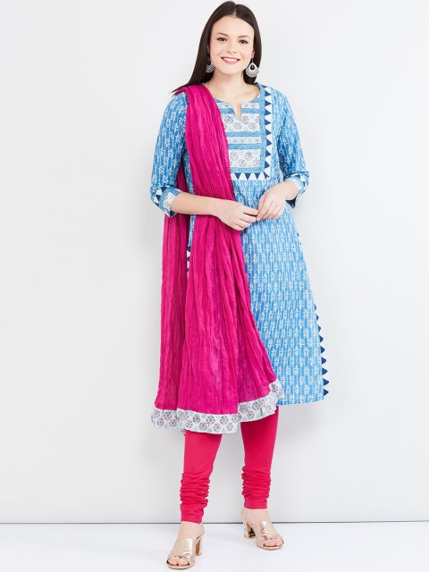 max Women Blue & Pink Printed Kurta with Churidar & Dupatta