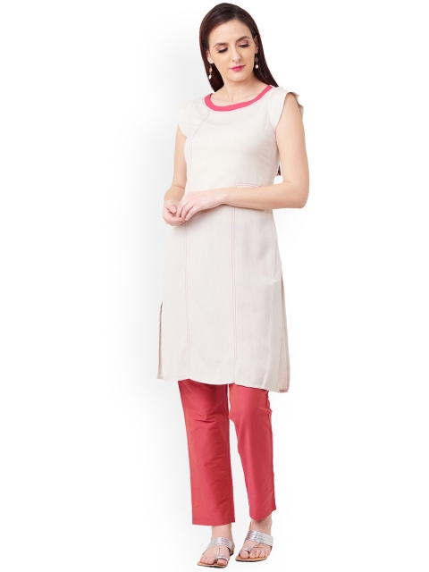 IMARA Women Beige Striped Straight Kurta