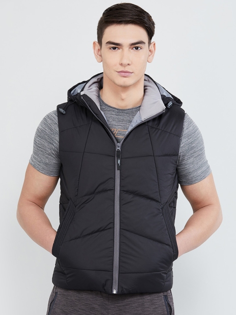 max Men Black Solid Hooded Padded Jacket