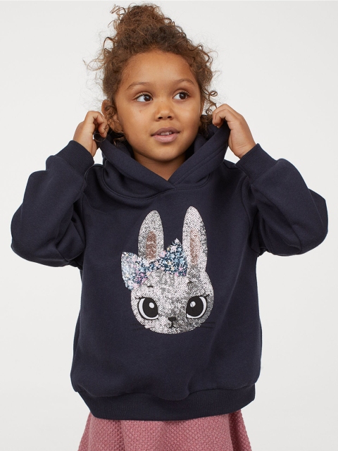 H&M Girls Navy Blue Motif-Detail Hoodie