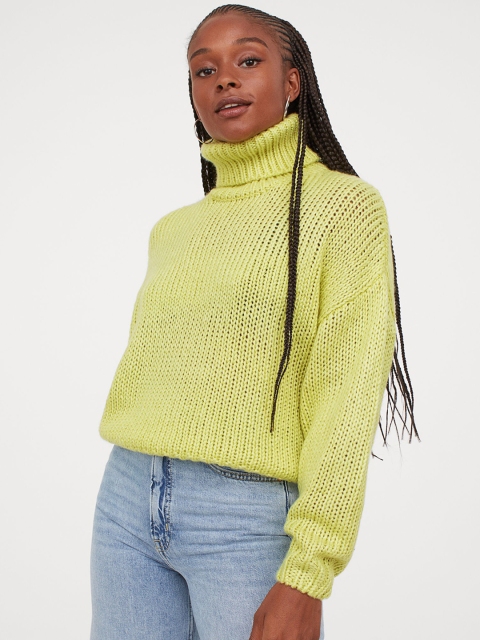 H&M Women Green Chunky-Knit Polo-Neck Jumper